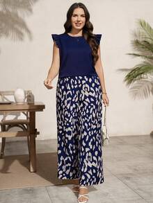 Comfylo Plus Size Casual Solid Color Top And Leopard Print Pants 2 Pieces Set - Navy Blue - View 4