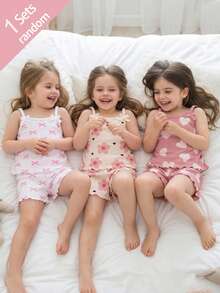 (Aleatorio 3-en-1) Conjunto de Top Camisola y Shorts de Tela Acanalada Suave y Cómoda con Estampado Floral de Corazón y Mariposa Cálido para Niñas con Decoración de Lazo 3D, Caja Ciega Aleatoria 1 Conjunto - Multicolor - Ver 6