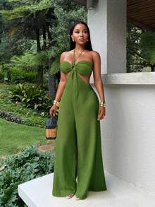 BamGleam Women's Solid Color Cutout Design Halter Neck Sexy Jumpsuit For Vacation - Army Green - View 4
