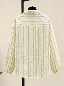 SHEIN Tween Girl Striped Long Sleeve Single-Breasted Casual Loose Shirt - Yellow - View 5
