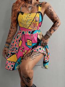Whyspr Plus Size Spring Summer Multi-Color Patchwork Strap Dress - Multicolor - View 4