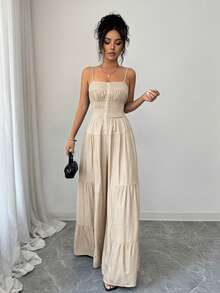 Elenzga Women's Solid Color Pleated Faux Denim Button Strap Sleeveless Ruffle Jumpsuit - Apricot - View 5
