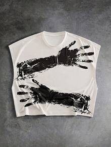 Manfinity RebelGame Men's Casual Hand Print Round Neck Loose Tank Top, Summer - White - View 1