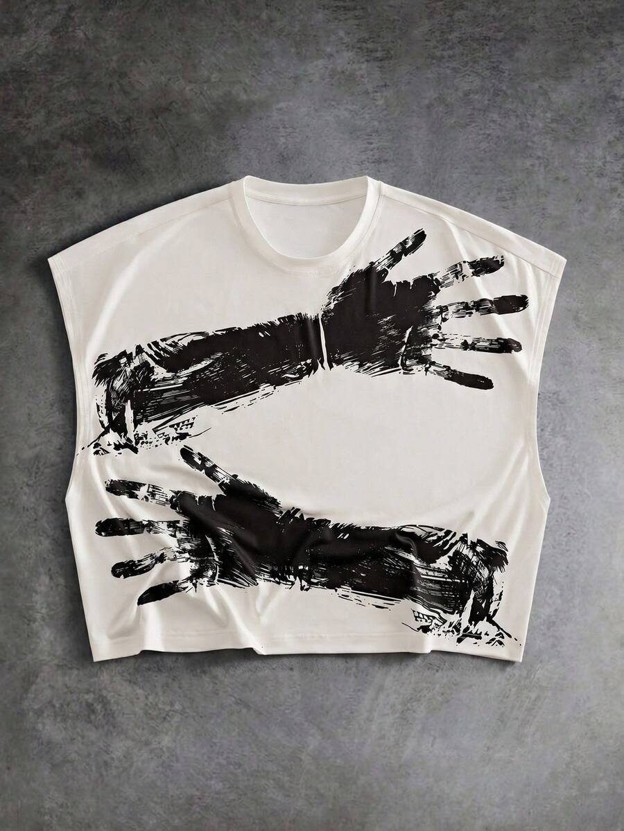 Manfinity RebelGame Men's Casual Hand Print Round Neck Loose Tank Top, Summer - White - View 1