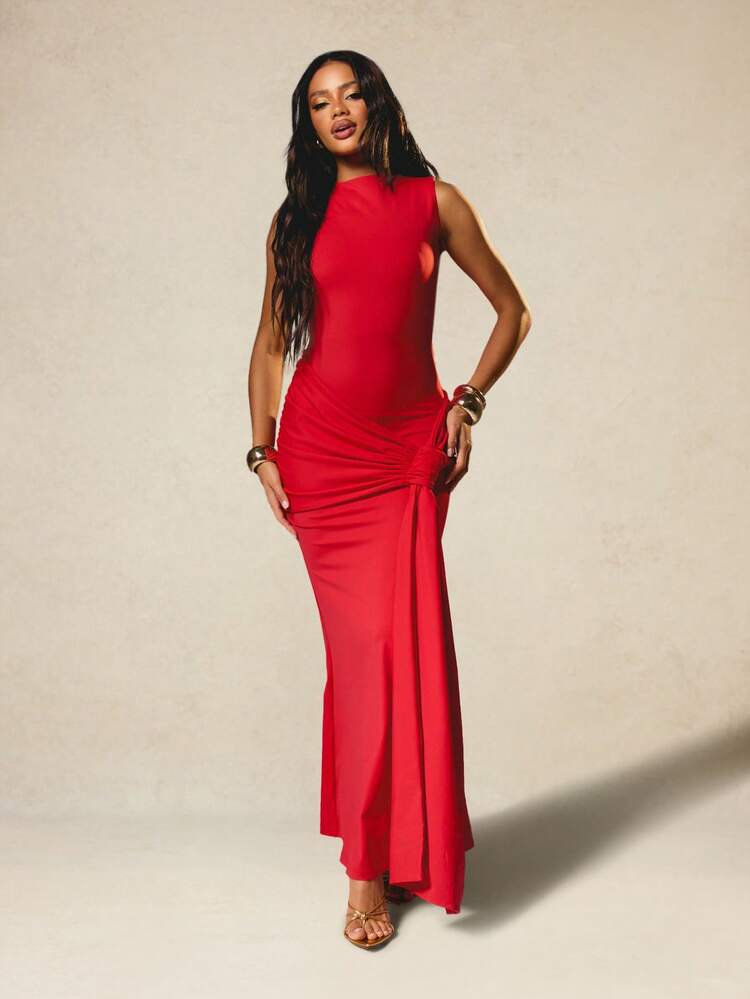 MISSGUIDED X Carli Bybel Women's Elegant Red Sleeveless Maxi Dress With Draped Side Detail And High Neckline For Evening Party Occasions