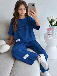 SHEIN 青少年女孩春/夏灰色紫色圓領針織寬鬆字母印花拼接T恤上衣 寬鬆開衩寬腿休閒褲 百搭2件套T恤套裝 - 藍色 - 查看 7