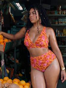 Swim Mod 2026 New Summer Plus Size Women 2pcs Set Random Print High Waist Triangle Bikini Bottom Ruched Casual Swimsuit - Orange - View 4