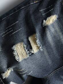 Manfinity LEGND Pantalones cortos de mezclilla casuales y versátiles para uso diario y viajes, con diseño desgastado, botones y bolsillos, talla grande para hombres - Azul lavado oscuro - Ver 5