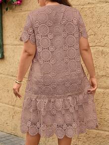 Reflora Plus Size Women's Lace Short Sleeve Ruffle Hem Elegant Dress - Dusty Pink - View 2