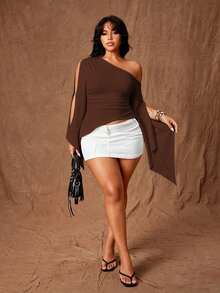 Rustia Plus Size Women's Solid Color Spicy Style One Shoulder Fashion Top Fall - Brown - View 5