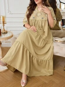 Al Najma Embroidered Pattern 3/4 Sleeve Loose Elegant Flared Hem Comfortable Daily Elegant Traditional Plus Size Women's Turkish Long Shirt Arabic Traditional Long Shirt - Mustard Yellow - View 1