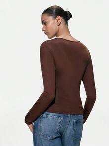 SHAPORA Pijama superior de mujer de unicolor con cuello en V, manga larga y fruncido - Café integral - Ver 2
