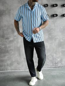 SLATEMANN 男士米色夏季休閒條紋襯衫，鈕扣式短袖紋理襯衫，適合度假與假期 - 彩色 - 查看 3