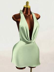 Women's Spaghetti Strap Deep V-Neck Casual Elegant Silk Finish Glossiness Sexy Grace Dress Night Out Sage Green Summer - Green - View 4