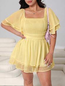Solflare Plus Size Women's Solid Color Ruffle Sleeve Square Neck Pleated High Waist Jumpsuit - Pale Yellow - View 4