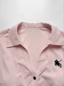 Sweetra 時尚百搭刺繡V領修身梭織夏季女款襯衫 - 粉色 - 查看 6