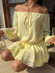 Sunnyshic Women's Autumn Pale Yellow Chiffon Off-Shoulder Mini Dress, Beach Vacation Outfit, Italian Rave - Yellow - View 5