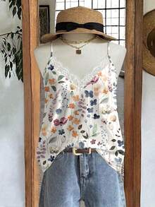 Mellowie Watercolor Floral Plus Size Women's Contrast Lace Camisole Tank Top - Multicolor - View 5