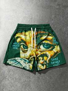 ROMWE MEN Street Life Men's Street Hip Hop Angel Wings Graphic Print Drawstring Waist Shorts, Suitable For Spring/Summer - Green - View 1