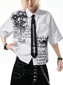 ROMWE MEN Goth 男士短袖衬衫，哥特风印花+黑色领结设计，开襟纽扣休闲衬衫，适合夏季日常休闲、学院风、街头风等场合 - 彩色 - 查看 6