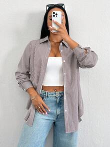 SHEIN Essnce Plus Size Women's Spring/Autumn Casual Traditional Loose Comfortable All-Match White Button Long Sleeve Shirt Outing Work Office Formal Top Teachers' Day - Brown - View 5