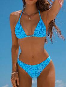 Swim Mod Bãi biển mùa hè dành cho nữ Allover In Halter Neck Tie Bra & Bikini Bộ Bikini gợi cảm, Bộ đồ tắm 2 mảnh in ngẫu nhiên - Màu xanh lam - Xem 1