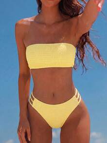 Swim Mod Set Baju Renang Bikini Wanita Tanpa Tali, Tanpa Punggung, Seksi, Warna Cokelat, Potongan Samping, Potongan Tinggi, Musim Semi/Panas 2026 - Kuning - View 1