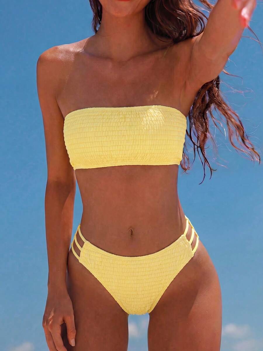 Swim Mod Set Baju Renang Bikini Wanita Tanpa Tali, Tanpa Punggung, Seksi, Warna Cokelat, Potongan Samping, Potongan Tinggi, Musim Semi/Panas 2026 - Kuning - View 1