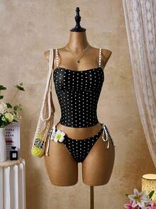 Swim Mod Conjunto de Bikini Dividido de 2 Piezas para Mujer, Estampado de Lunares Multicolor Tropical Lindo, Tirantes Delgados con Pantalones Ajustables con Lazo Lateral, Traje de Baño Casual Elegante para Vacaciones en la Playa y Día de San Valentín, Muy Vendido - Multicolor - Ver 2