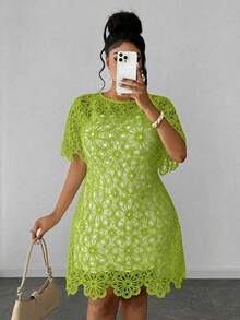 Maweii Robe élégante à manches courtes, col rond, couleur unie et ajourée, grande taille - Jaune moutarde - Voir 6