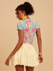 Travachic 2026 Spring/Summer New Women's Slim Fit Printed Short Sleeve Mesh Sheer Ruched Cool Top, Suitable For Vacation/Casual Wear In Various Relaxing Occasions - Multicolor - View 2