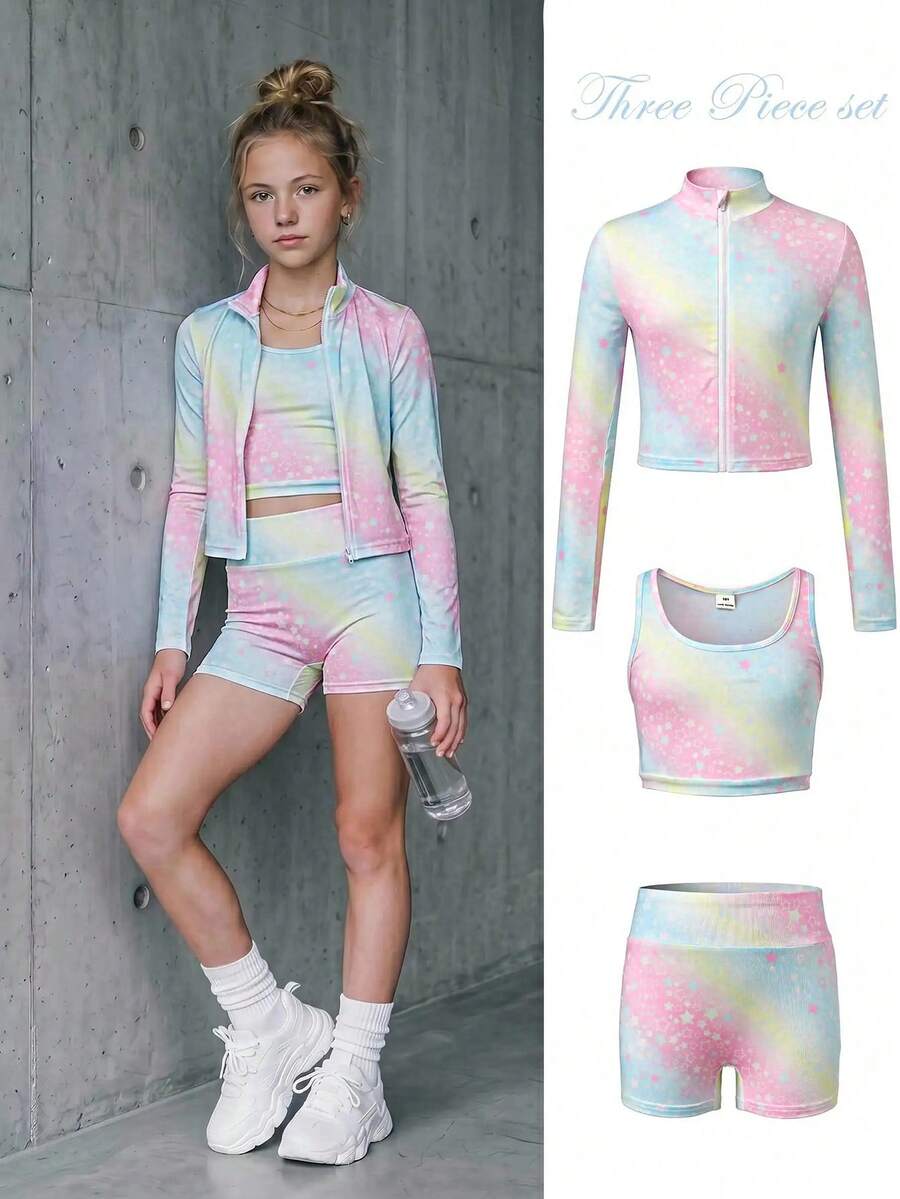 SHEIN 青少年女孩長袖立領前開拉鍊T恤背心騎行內搭褲3件組運動套裝 - 彩色 - 查看 1