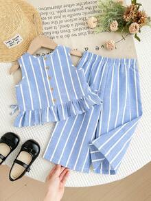 SHEIN LMoss Kids 女嬰編織條紋圓領上衣與寬鬆休閒長褲2件組 - 藍白色 - 查看 1