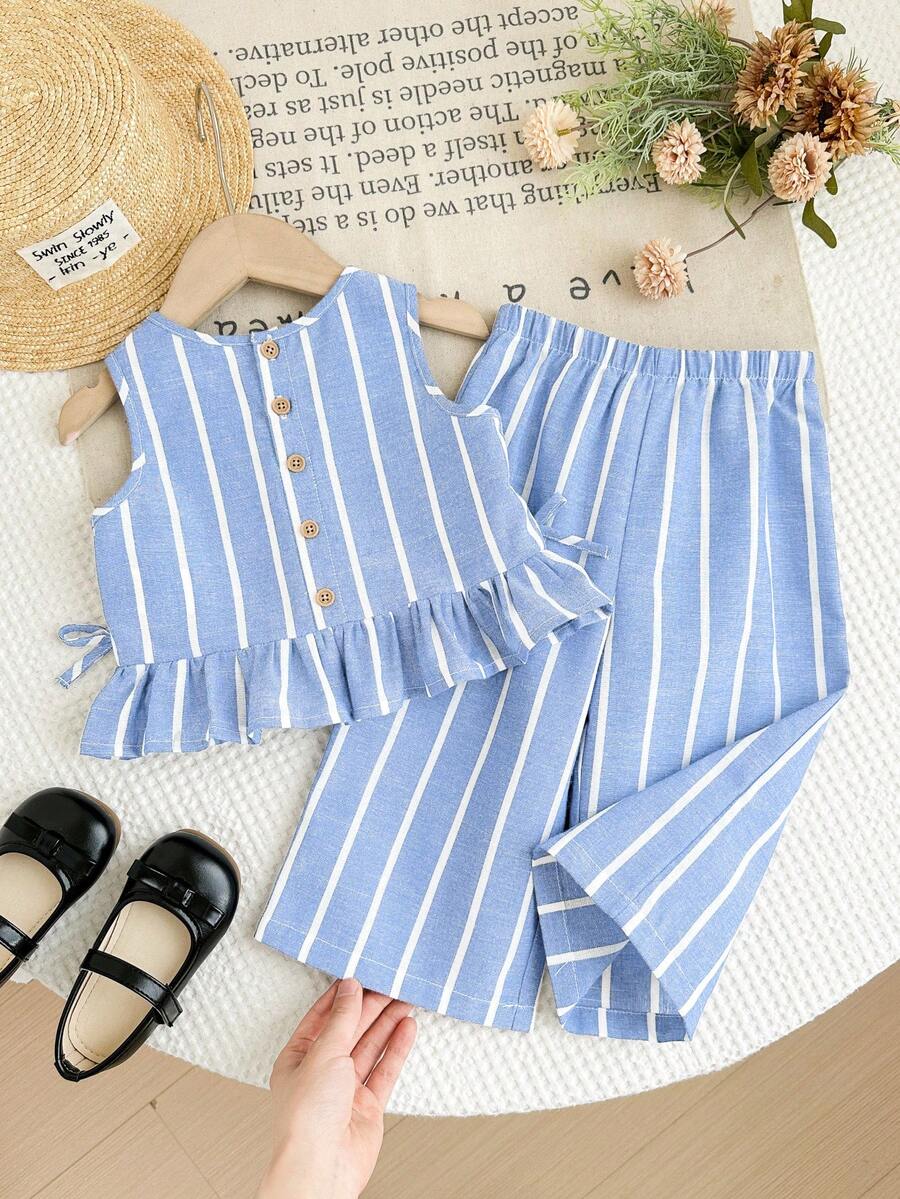 SHEIN LMoss Kids 女嬰編織條紋圓領上衣與寬鬆休閒長褲2件組 - 藍白色 - 查看 1
