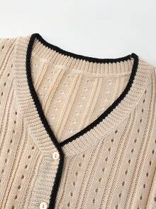 SHEIN Camel Color Contrast Black Trim Hollow Pattern Fashionable Minimalist Elegant Business Commute Old Money Style Spring Summer V-Neck Short Knit Cardigan Top For Women - Camel - View 3
