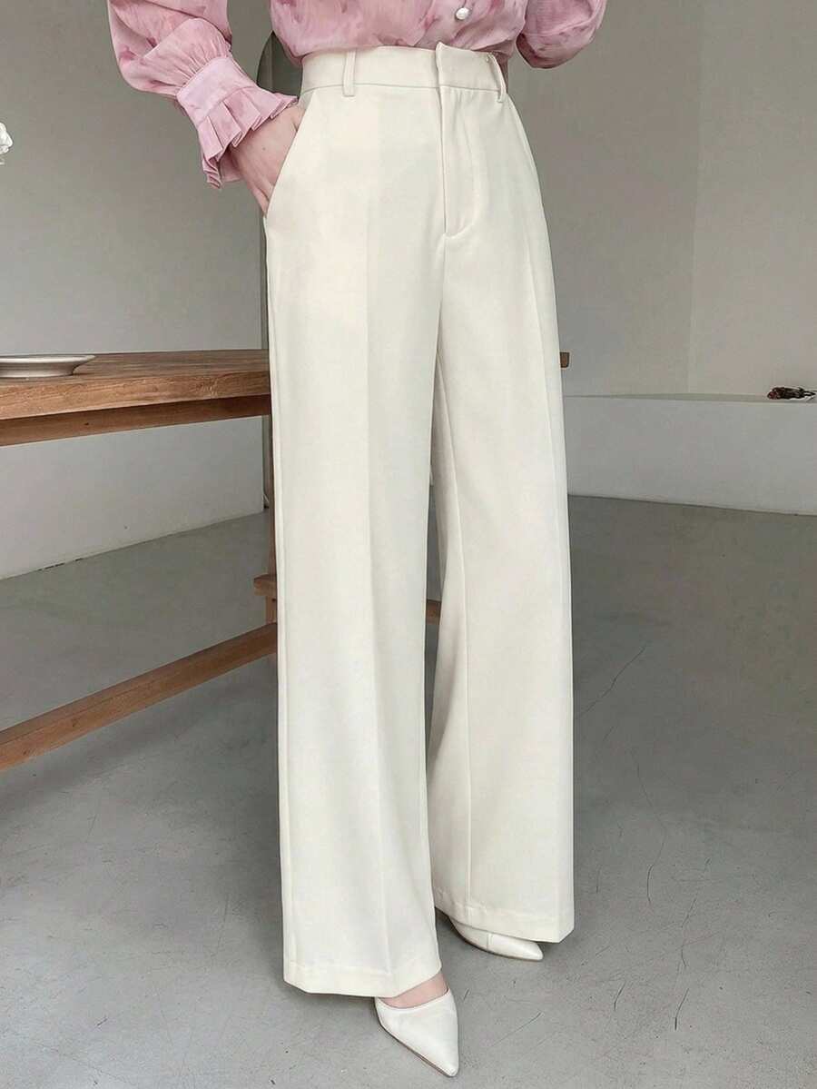 DAZY Spring Summer Autumn High Waist Straight Leg Wide Leg Beige Solid Color Woven Loose Fit Women's Long Pants - Beige - View 1