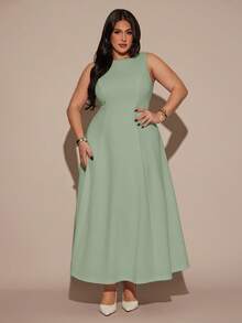 SHEIN BAE Plus Size Women's Summer Full Flare Boat Neck Elegant Long Sleeveless Dress Wedding Guest Sage Green - Mint Green - View 4