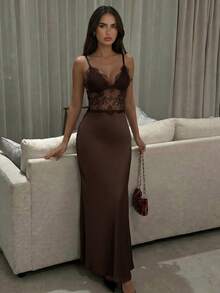 Firerie Women's Elegant Romantic Dark Brown Spaghetti Strap Lace Sexy Dress Night Out Summer Date Night - Brown - View 6