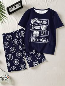 [Dikirim Secara Acak 1 Set] Piyama Anak Laki-Laki Remaja, Motif Huruf Slogan Musim Semi/Panas, Konsol Game, Bola Basket, dan Kombinasi Pola Lainnya, Setelan 2 Potong, Pakaian Santai, Piyama Pas Badan - Hitam - View 5