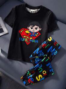 SUPERMAN X SHEIN Bộ đồ mặc nhà thường ngày cho bé trai áo thun ngắn tay và quần in họa tiết hoạt hình - màu đen - Xem 1