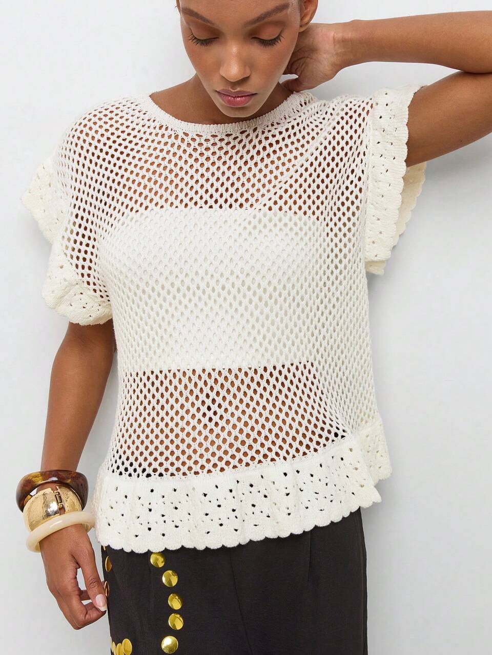 SHEIN Maija Women's Round Neck Hollow Out Sheer Crochet Short Sleeve Ruffle Hem Knit Top, Vintage Old Money Teacher Style Romantic Fashion Versatile Summer Party Blouse Beach Vacation Outing Graduation Ceremony Elegant Casual Formal Work Office Shirt