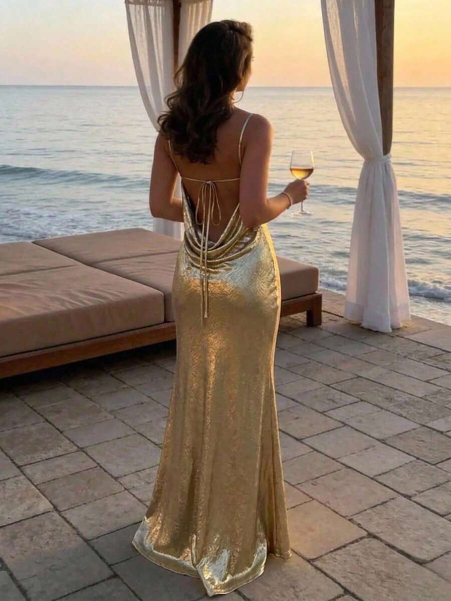 Aloruh 女款優雅結背無袖魚尾裙擺長洋裝,極簡純色,適合派對與夏季派對洋裝,優雅派對長洋裝,女款優雅晚禮服,婚禮賓客洋裝,正式洋裝 - 彩色 - 查看 1