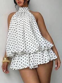 SHEIN Tall CURVE 大码女士波点印花吊带系带优雅连衣裙 - 黑與白 - 查看 4