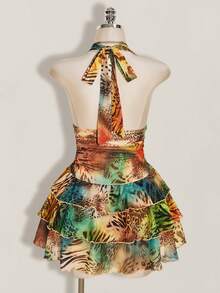 SHEIN ICON Plus Size Leopard Print Halter Neck Tie Waist Ruched Multi-Layered Tiered Mesh Dress - Multicolor - View 2