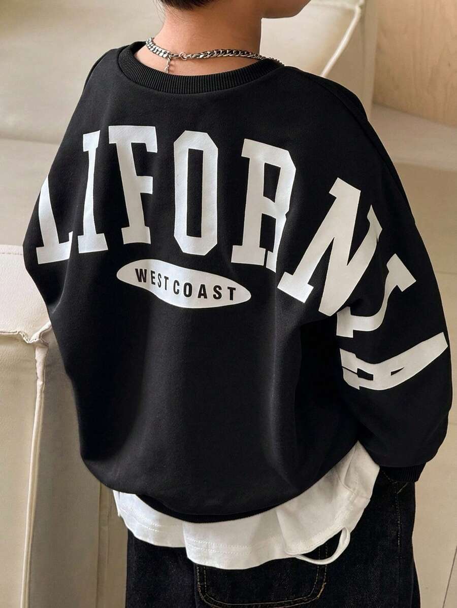 1件青少年男孩休閒學院風舒適時尚極簡街頭風寬鬆百搭大字母印花舒適厚款運動衫，適合日常穿著、上學、旅行、運動，秋冬適用 - 黑色 - 查看 1