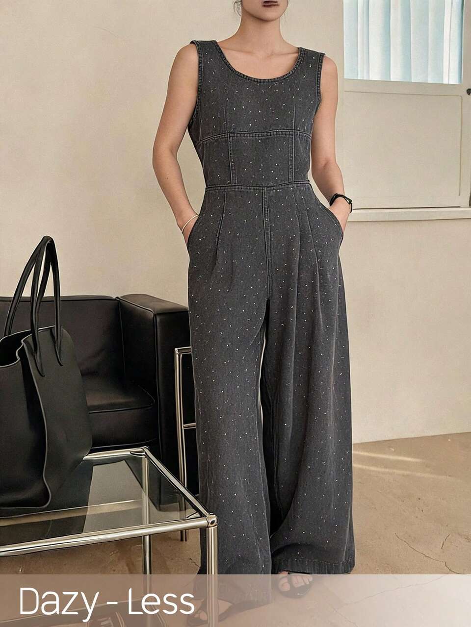 Women's Summer Casual Rhinestone Embellished Round Neck Sleeveless Wide Leg Denim Jumpsuit