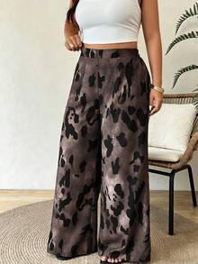 Weeklong Pantalones largos holgados de pierna ancha y cintura alta con estampado de leopardo para mujer talla grande, primavera/verano - Marrón Mocha - Ver 4