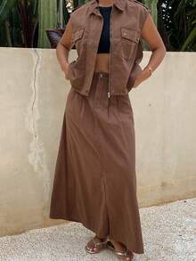 Livesso Women's Casual Short Sleeve Pocket Top And Long Denim Skirt 2-Piece Set Vacation Travel Shades Of Brown Summer - Coffee Brown - View 9