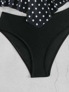 Swim Lushoire 女款夏季海灘波點荷葉邊分體式比基尼上衣與三角比基尼下褲兩件式泳衣套裝 - 黑與白 - 查看 6