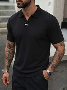Manfinity CasualCool Custom Textured Jacquard Collar T-Shirt Street Casual Short Sleeve Polo Shirt - Black - View 6